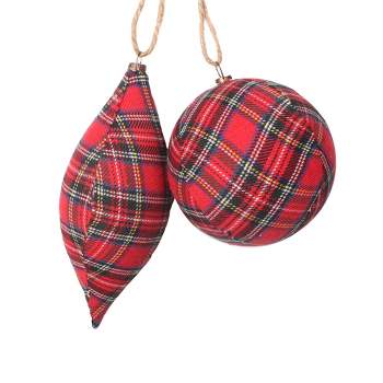 Vickerman Red and Black Plaid Cloth Assorted Christmas Ornaments, 4" Ball and 7" Finial, includes 4 pieces per bag.