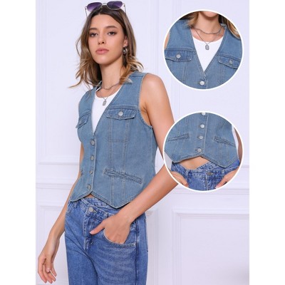 INSPIRE CHIC Women's Button Down V Neck Sleeveless Denim Vest Jacket Large Blue — фото 2
