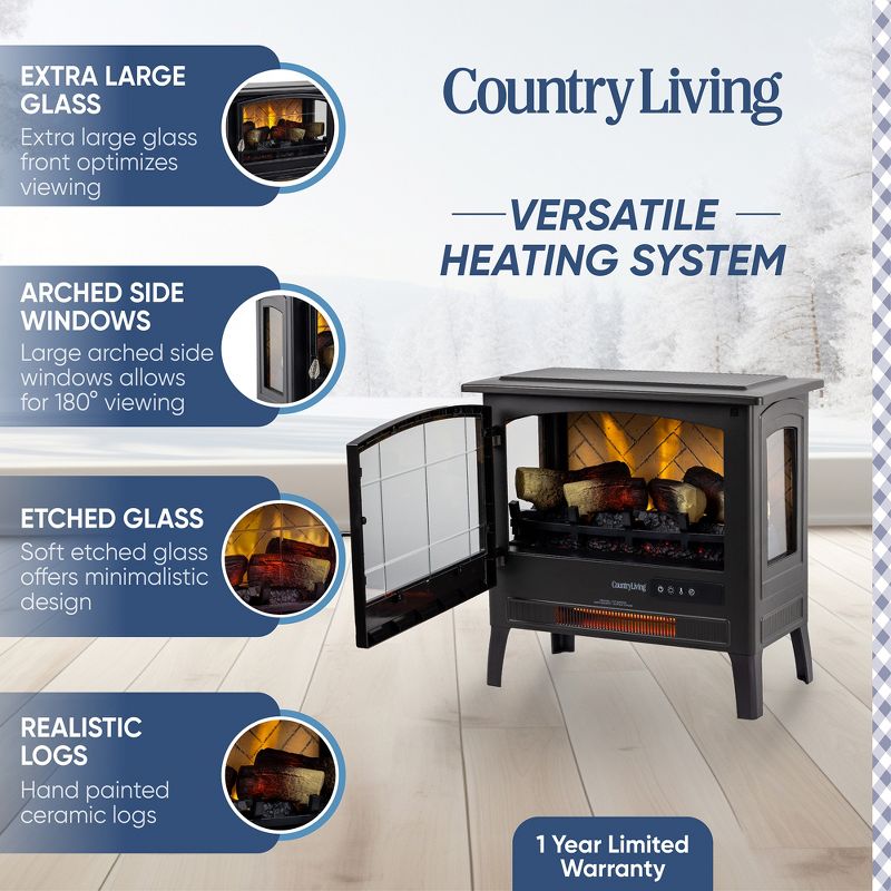Country Living Infrared Freestanding Electric Fireplace Stove Heater in Bronze + Fireplace Crackler Sound Maker, 4 of 10
