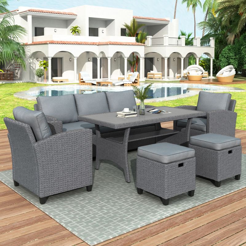 6 PCS Patio Outdoor Rattan Round Sofa Conversation Set with Table, Gray-ModernLuxe, 1 of 15