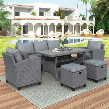 6 PCS Patio Outdoor Rattan Round Sofa Conversation Set with Table, Gray-ModernLuxe