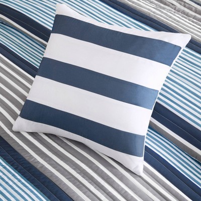 Gray and Blue Striped Reversible Microfiber Quilt Set