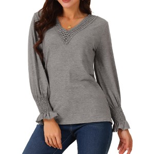 Seta T Women's V Neck Long Sleeve Smocked Cuff Casual Fall Winter Fashion T-Shirt - 1 of 4