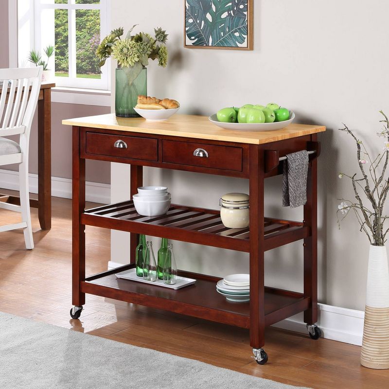 American Heritage 3 Tier Butcher Block Kitchen Cart with Drawers Mahogany - Breighton Home, 2 of 11