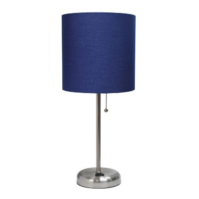 19.5" Navy Blue Fabric Shade Brushed Steel Nightstand Lamp