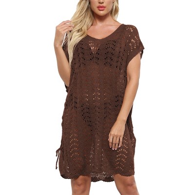 Cover Ups for Womens Bathing Suits Pointelle Knit Cap Sleeve Crochet Knit Bikini Sets Cover Up Dress with Thigh Slit Side Tie Beach Dress