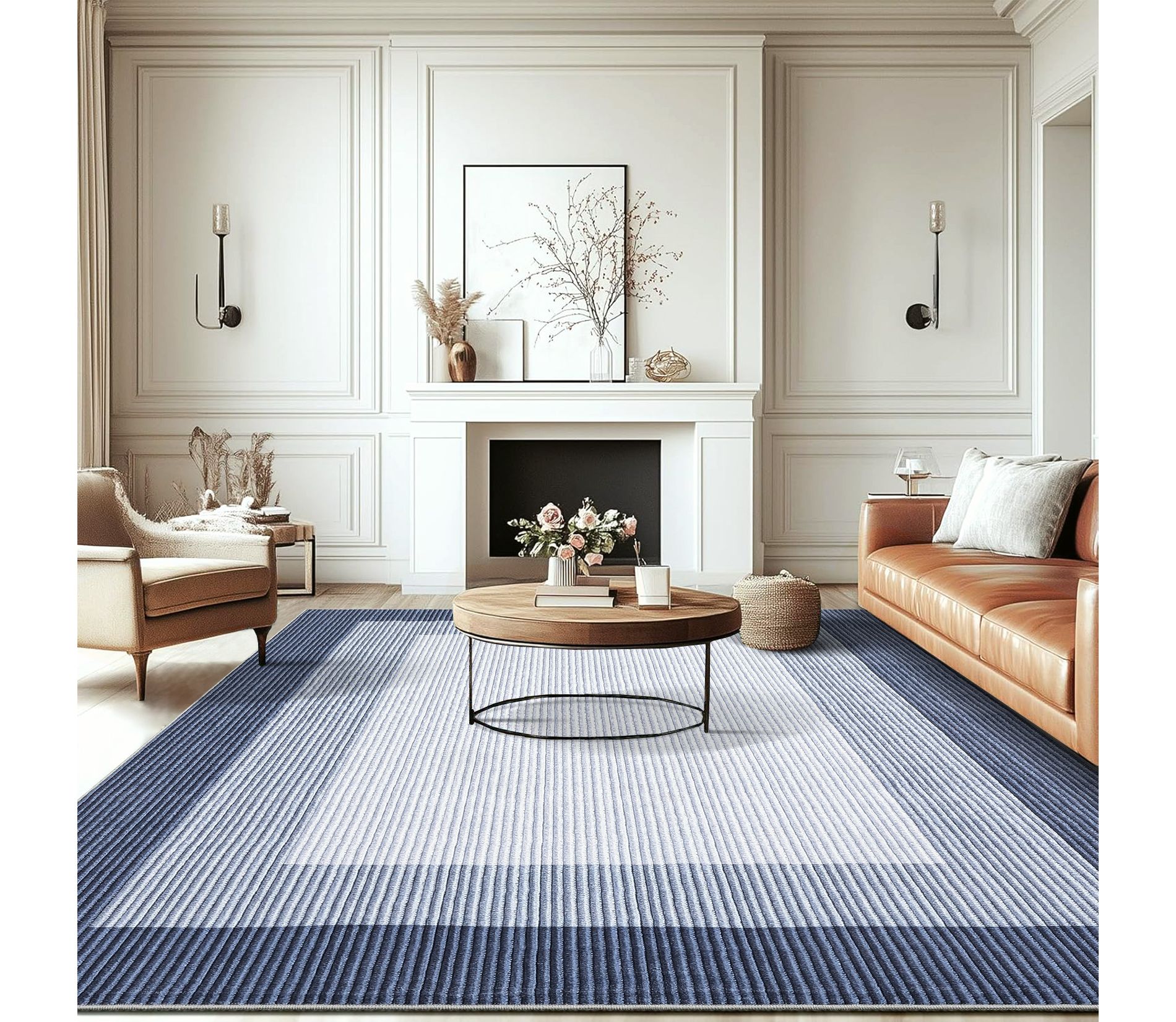 Modern Border Area Rug 8x10 Large Washable Living Room Neutral Carpet, Non-Slip Non Shedding Gradient Soft Rug, Low Pile Foldable Printed Nursery Rug