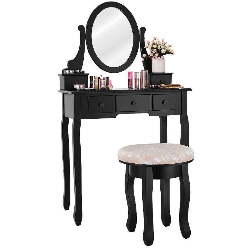Tangkula 5 Drawers Rotatable Vanity  Dressing Makeup Table Set w/  Cushioned Stool Black, 2 of 6