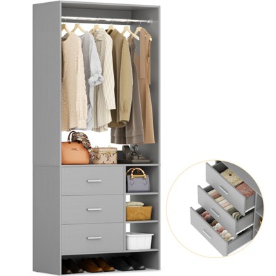 Aheaplus 30'' Freestanding Closet Organizer with Hanging Rods and Drawers, Closet System with Storage Shelves