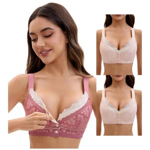 INSPIRE CHIC Front Closure for Women's Lace Full Coverage V Neck Wirefree Adjustable Straps Bras 3 Packs - 1 of 4