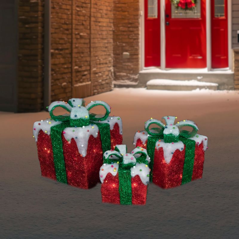 Northlight Set of 3 Lighted Snow and Candy Covered Sisal Gift Boxes Christmas Outdoor Decorations, 2 of 7
