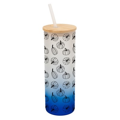 Elanze Designs Fall Pumpkin Autumn Season Wrap-Around Design 25 Ounce Frosted Gradient Glass On-The-Go Coffee Travel Skinny Tumbler Mug Cup, Bamboo