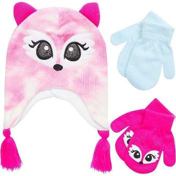 Girls Kitty Pink Cloud Winter Hat and 2 Pair Gloves or Mittens Set (Toddler/Little Girls)