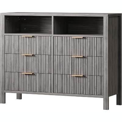 6 Drawer Dresser for Bedroom, Farmhouse Chest of Drawers with 2 Open Shelves and Fluted Doors, Home Storage and Organization