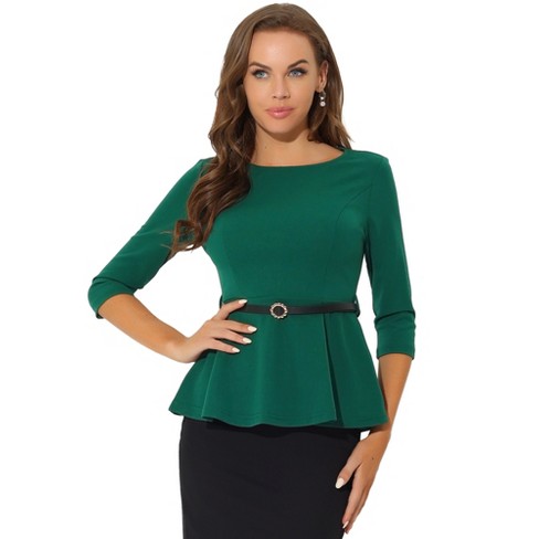 Inspire Chic Women s 3 4 Sleeve Belted Elegant Business Work Peplum Top Green Medium Target