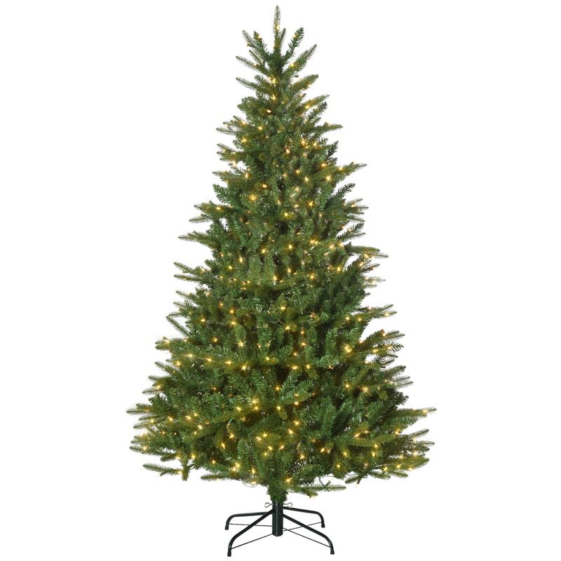 HOMCOM 6ft Prelit Artificial Christmas Tree Holiday Decoration with Warm Yellow Clear Lights, Auto Open, Wide Shape, Extra Bulb, 1 of 7