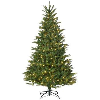 HOMCOM 6ft Prelit Artificial Christmas Tree Holiday Decoration with Warm Yellow Clear Lights, Auto Open, Wide Shape, Extra Bulb