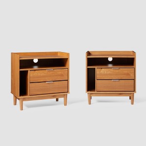 2pk Mid-Century Modern Solid Wood 2 Drawer Storage Nightstands Caramel - Saracina Home: Pine Frame, Metal Hardware - 1 of 4