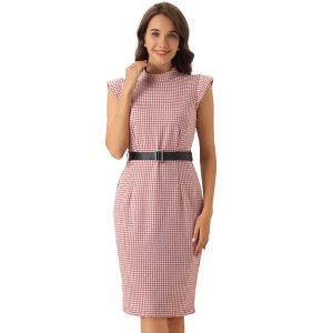 Allegra K Women's Vintage Cap Sleeve Houndstooth Pencil Dress with Belt - 1 of 4