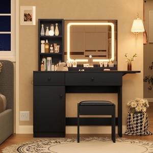Makeup Vanity Desk with Mirror and Lights, Vanity Table Set with Drawer & Power Outlet & Storage Chair & 3 Shelves, Black - 1 of 4