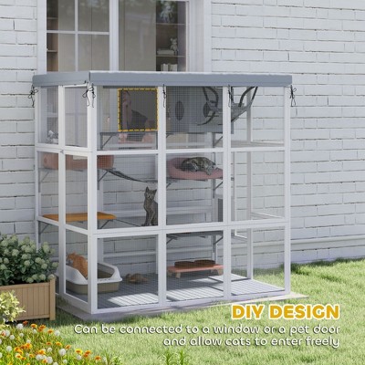 Large Gray Wooden Outdoor Cat Enclosure with Hammock and Platforms