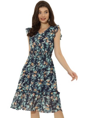 Allegra K Women's Floral Flutter Sleeves V Neck Smocked Ruffle Sundresses