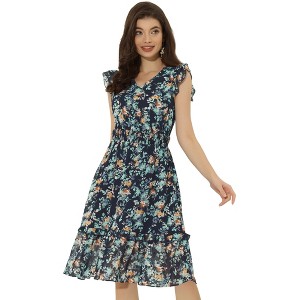 Allegra K Women's Floral Flutter Sleeves V Neck Smocked Ruffle Sundresses - 1 of 4