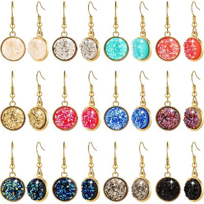 Hicarer 12 Pairs Faux Druzy Drop Earrings Crystal Pendant Dangle Multicolor Stainless Steel Earrings for Women