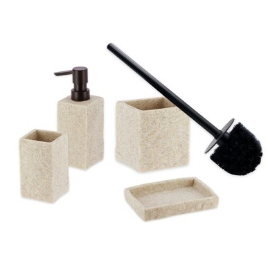 Evideco French Home Goods Stone Collection Bathroom Accessory Set – 4 Pieces Includes Soap Dispenser, Tumbler, Soap Dish, and Toilet Brush Holder