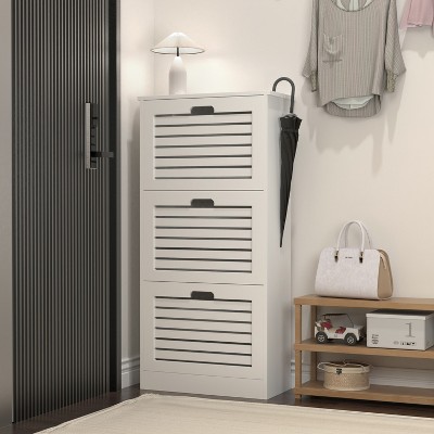 TIRAMISUBEST Farmhouse Shoe Cabinet - White Wood 3-Door Organizer, Adjustable Shelves for Entryway/Mudroom (20"W)