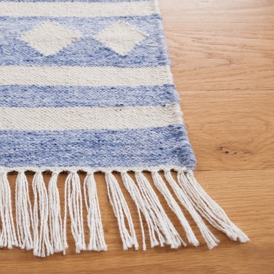 Handmade Blue and Ivory Geometric Flat Woven Area Rug, 5' x 8'