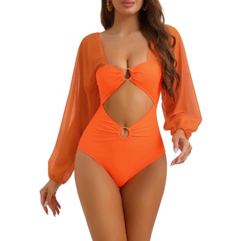 Elerevyo Women s Cut Out Ring Plunge Neck Shirred Long Sleeves Mesh Tummy Control Monokini Swimsuit 1 Pc Orange Large Target