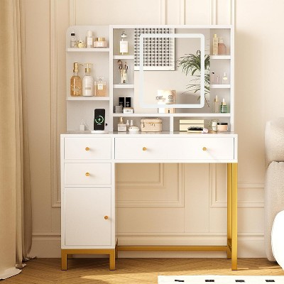 Makeup Vanity with LED Mirror & Power Outlet, 3 Lighting Modes, Adjustable Brightness, Acrylic Tabletop, Drawers & Cabinets