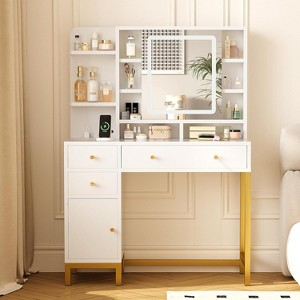 Makeup Vanity with LED Mirror & Power Outlet, 3 Lighting Modes, Adjustable Brightness, Acrylic Tabletop, Drawers & Cabinets - 1 of 4