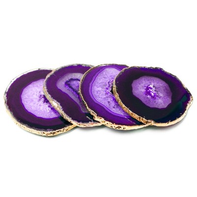 Set of 4 Purple Agate Stone Coasters with Gold Edge