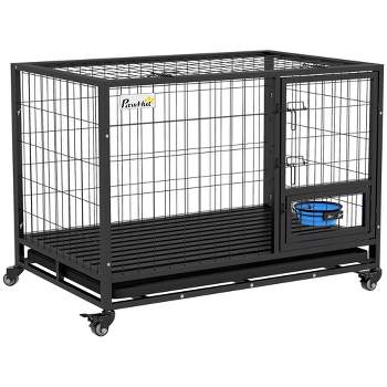PawHut 43" Heavy Duty Dog Crate, Strong Steel Dog Crate w/ Bowl Holder, Wheels, Detachable Top Removable & Tray for Large & Extra Large Dogs, Black