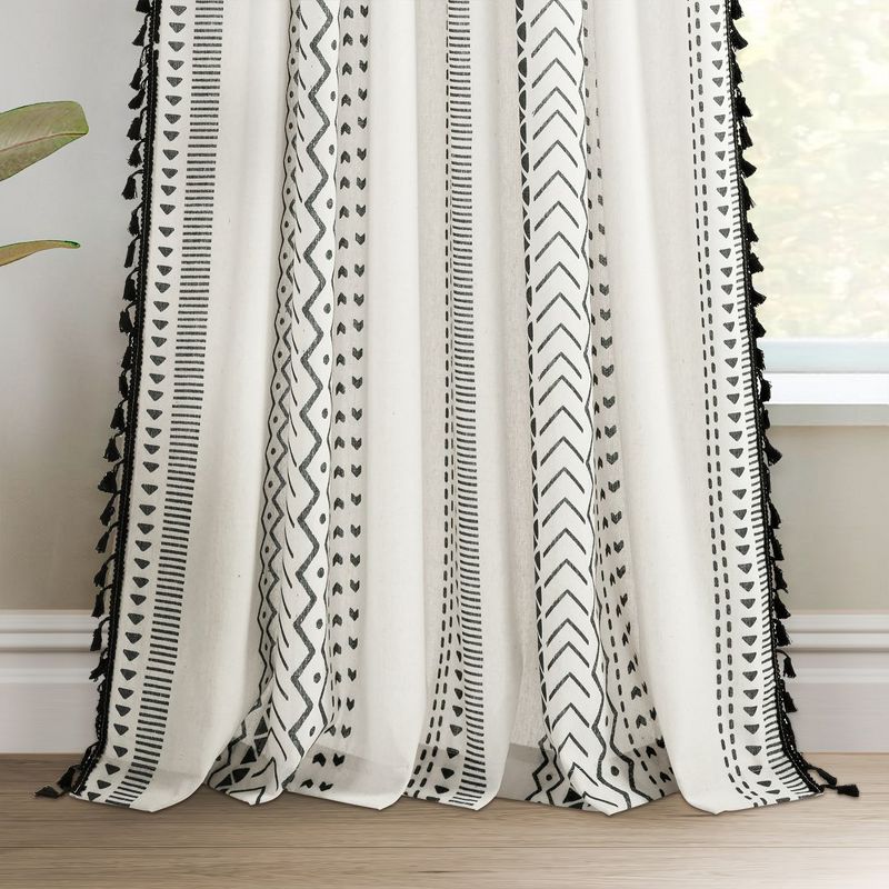 Hygge Boho Stripe Tassel Window Curtain Panels Black/White 52X84 Set, 4 of 6