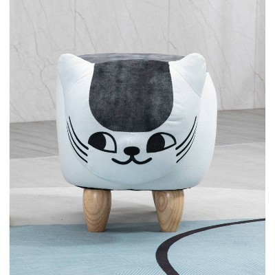 Whimsical White and Gray Cat Storage Ottoman with Wood Legs