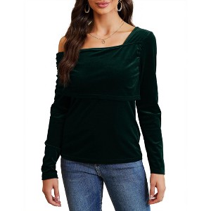 Coolmee Women's Sexy One Off The Shoulder Tops Asymmetrical Neck Clothes Long Sleeve Velvet Shirt Slim Going Out Top - 1 of 4