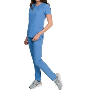 Medgear Celeste Women's Stretch Scrubs Cross Over Neckline Top and Slim Leg Pants - 1 of 4
