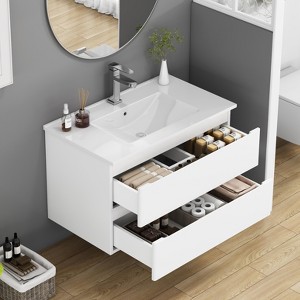 KWPZQEB 32" Modern Wall-Mounted Bathroom Vanity with Sink Combo, Floating Vanity with Double Drawers & Unique Handle-Free Design for Small Space - 1 of 4