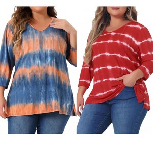Women's Plus Size 2 Pieces Tie Dye Side Slit 3/4 Sleeve V Neck Casual Stripe Blouse - Agnes Orinda - 1 of 4