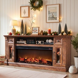 SinCiDo Farmhouse Fireplace TV Stand for 80 Inch TV, Electric Fireplace Entertainment Center w/ LED lights & Glass Door Cabinets & Drawers - 1 of 4