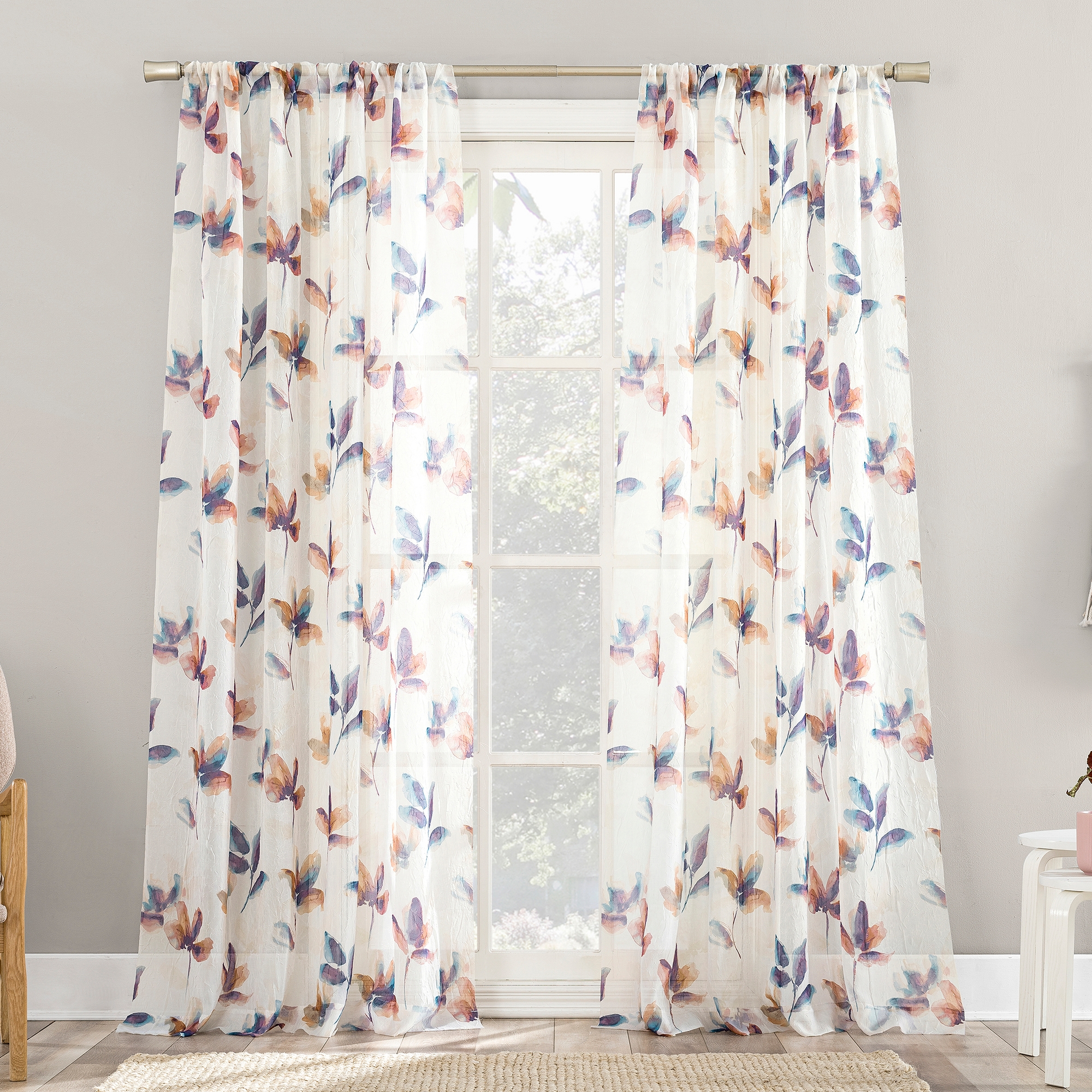 51"x84" No. 918 Sheer Ellie Floral Print Rod Pocket Curtain Panel: Botanical Voile, Machine Washable