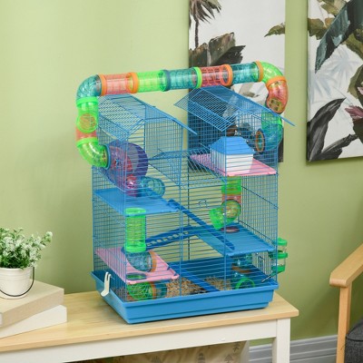 Blue Multi-Level Hamster Cage with Tubes and Accessories