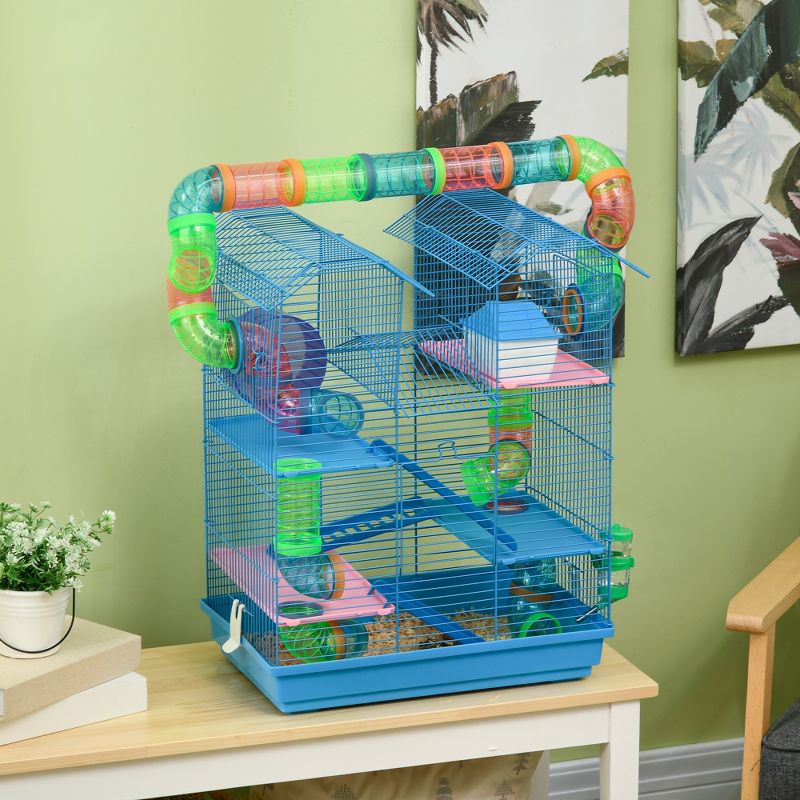 PawHut 5 Tiers Hamster Cage Small Animal Rat House Mice Mouse Habitat with Exercise Wheels, Tube, Water Bottles, and Ladder, Blue, 4 of 8