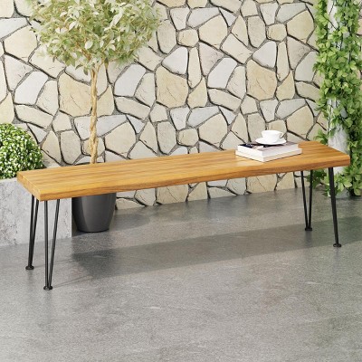 62" Industrial Wood and Metal Bench with Faux Live Edge for Outdoor Patio Seating -3irtyhousy
