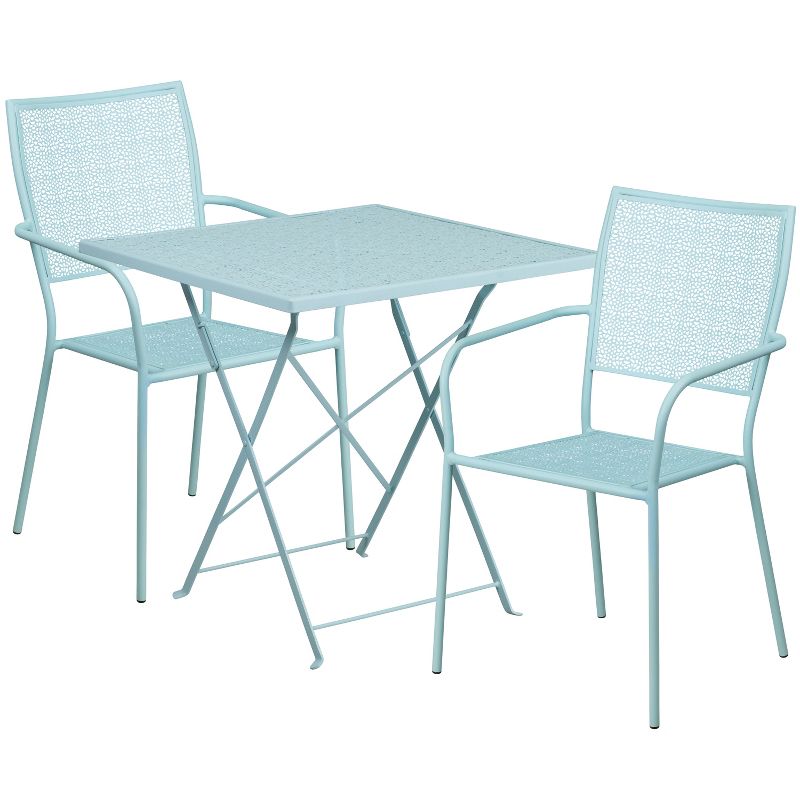 Emma and Oliver Commercial 28" Square Metal Folding Patio Table Set w/ 2 Square Back Chairs, 1 of 5