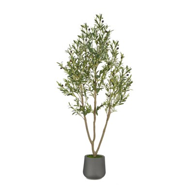 6FT Tall Faux Olive Tree with Gray Tall Planter Artificial Plants with Natural Wood Trunk and Lifelike Fruits for Home Office Decor