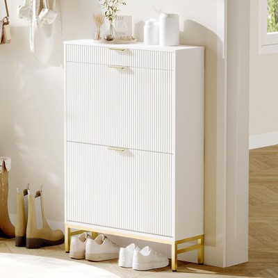 Fluted Shoe Storage Cabinet, Narrow Shoe Organizer with 2 Flip Drawers